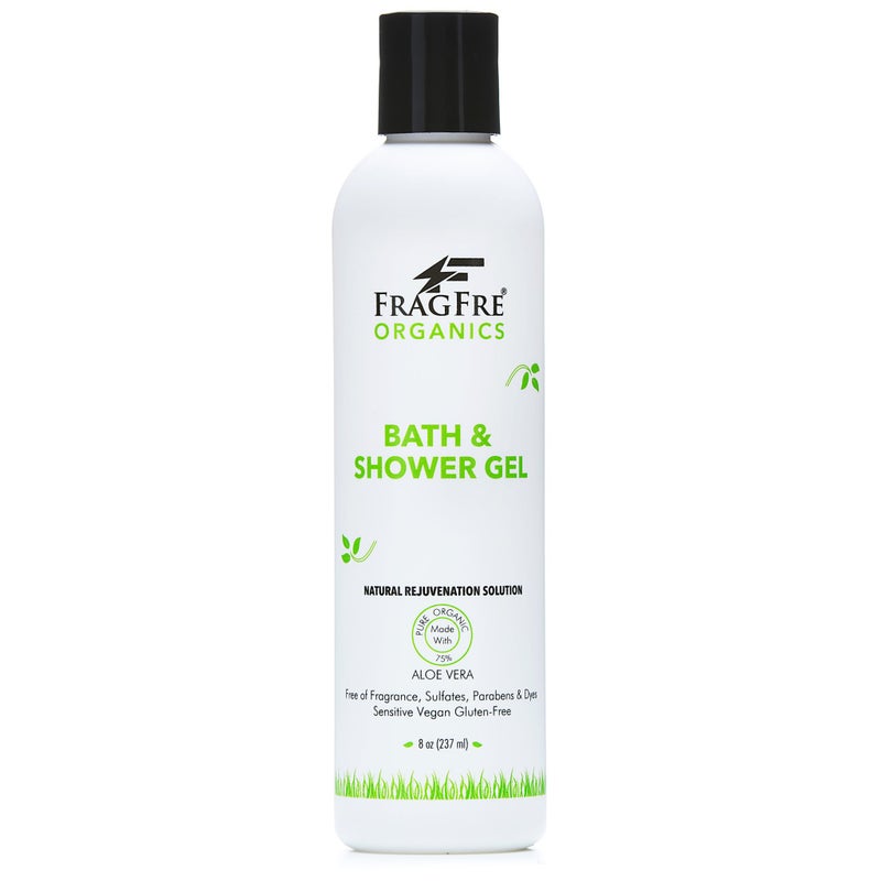 FRAGFRE Organic Shower Gel 8 oz Fragrance Free Sulfate Free Parabens Free for Normal and Dry Sensitive Skins Gluten Free Vegan Cruelty Free Organic Aloe Vera Bath Shower Gel pure Natural