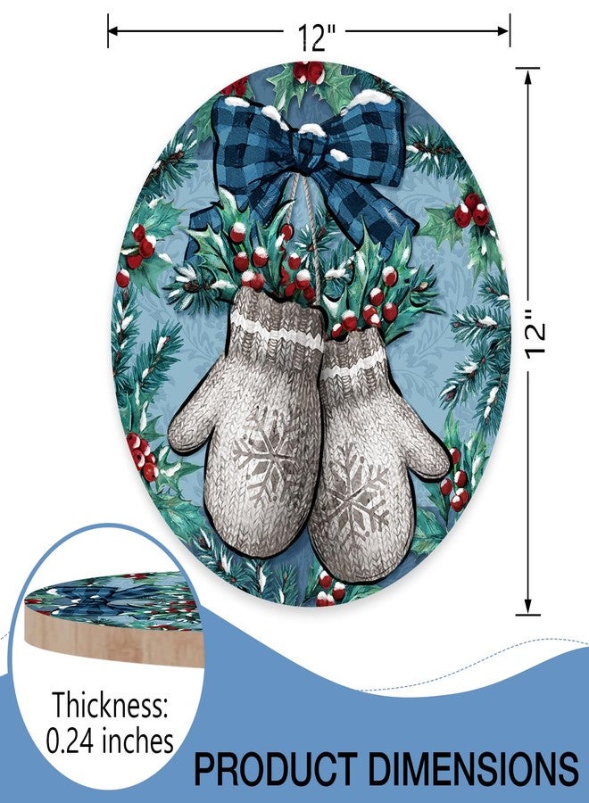 Deroro Winter Mitten Blue Front Door Sign, Red Holly Berries Plaid Bow Farmhouse Wood Door Hanger Outdoor Outside Porch Decor, Christmas Holiday Seasonal Wooden Wreath Indoor Wall Hanging Decoration - Image 2