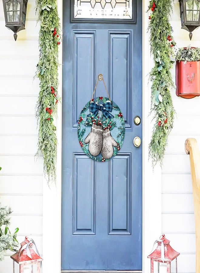 Deroro Winter Mitten Blue Front Door Sign, Red Holly Berries Plaid Bow Farmhouse Wood Door Hanger Outdoor Outside Porch Decor, Christmas Holiday Seasonal Wooden Wreath Indoor Wall Hanging Decoration - Image 4