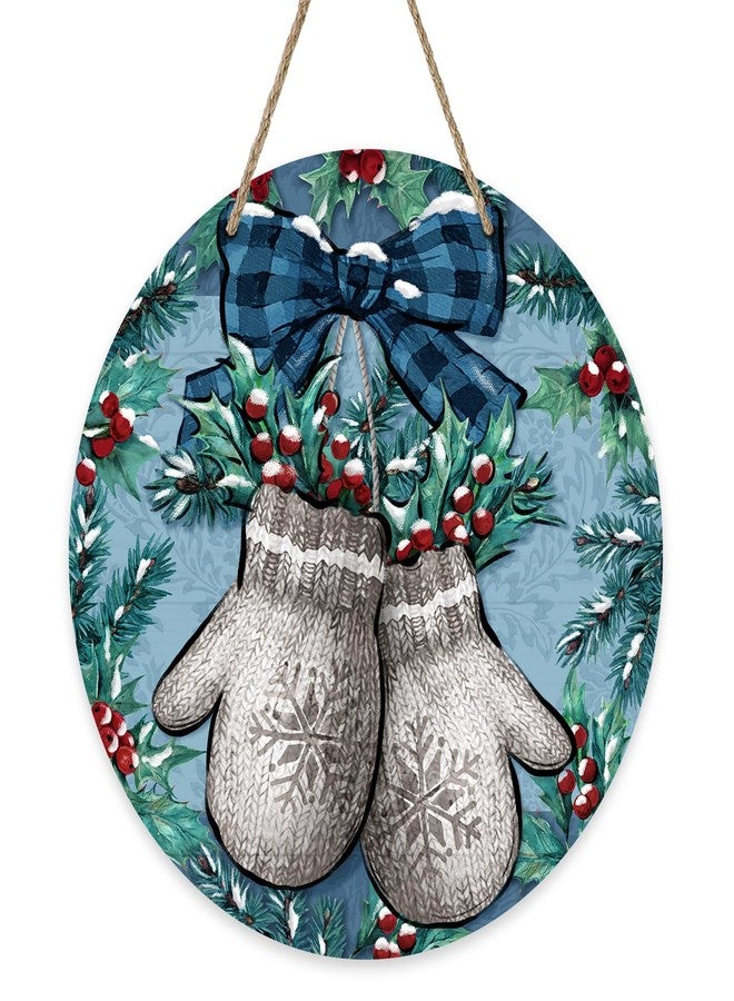 Deroro Winter Mitten Blue Front Door Sign, Red Holly Berries Plaid Bow Farmhouse Wood Door Hanger Outdoor Outside Porch Decor, Christmas Holiday Seasonal Wooden Wreath Indoor Wall Hanging Decoration - Image 1