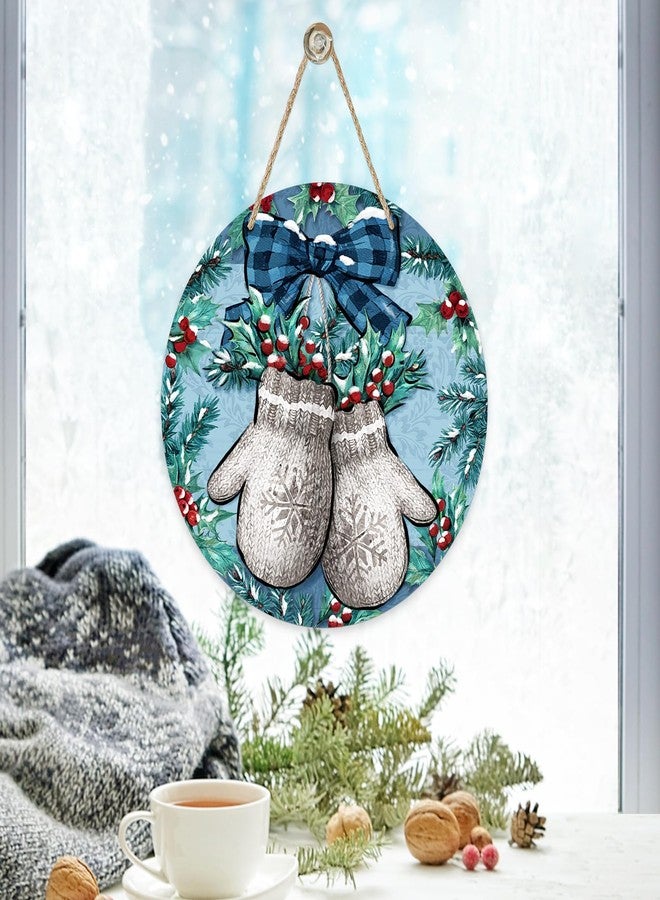 Deroro Winter Mitten Blue Front Door Sign, Red Holly Berries Plaid Bow Farmhouse Wood Door Hanger Outdoor Outside Porch Decor, Christmas Holiday Seasonal Wooden Wreath Indoor Wall Hanging Decoration - Image 5