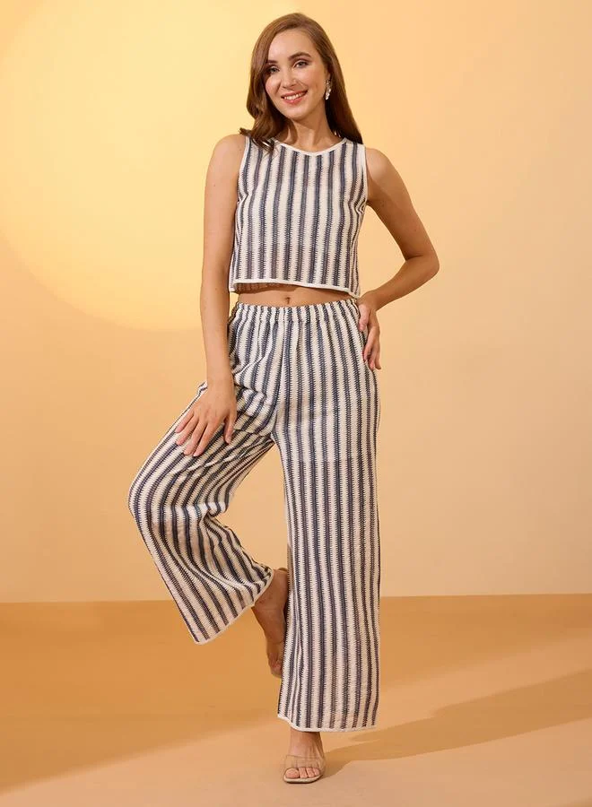 globus Off White Striped Knit Crop Top and Pants Co-ords
