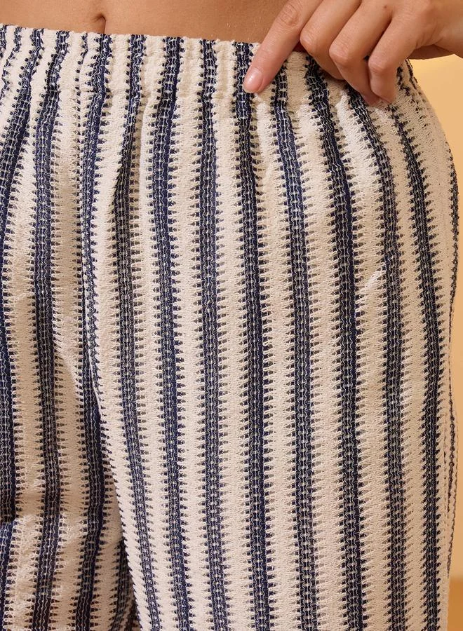 globus Off White Striped Knit Crop Top and Pants Co-ords