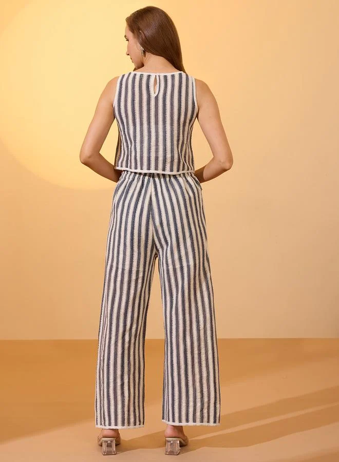 globus Off White Striped Knit Crop Top and Pants Co-ords