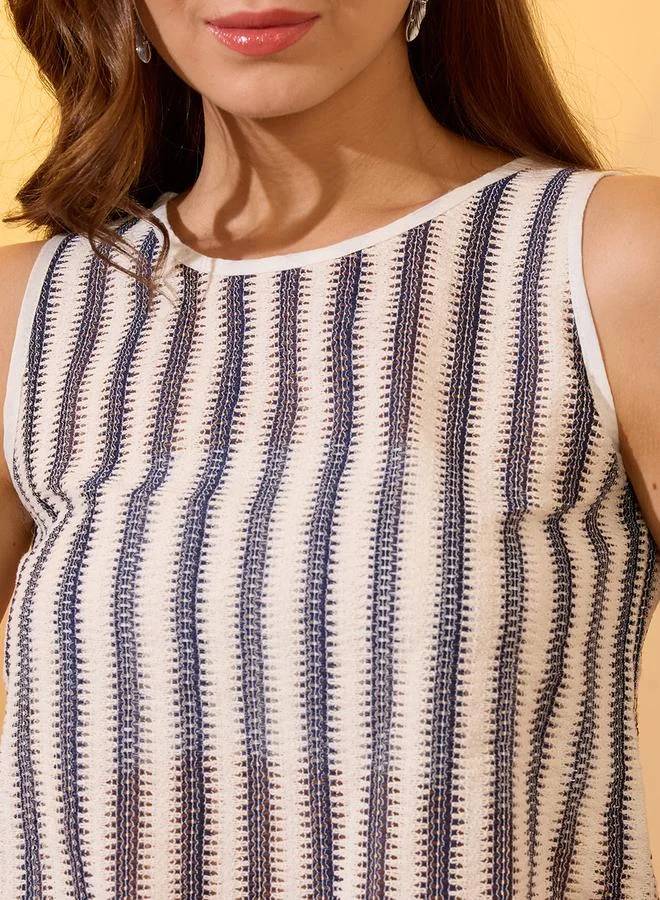 globus Off White Striped Knit Crop Top and Pants Co-ords