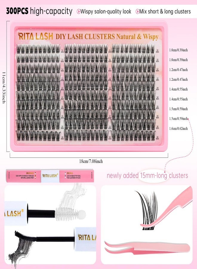 RITALASH Lash Clusters Kit Wispy Eyelash Clusters Lashes Kit Natural DIY Lash Extension Kit 10-16mm Cluster Eyelash Extensions Kit 300pcs Cluster Eyelashes with Lash Bond&Seal,Lash Tweezers(Natural Lash Kit) - Image 4