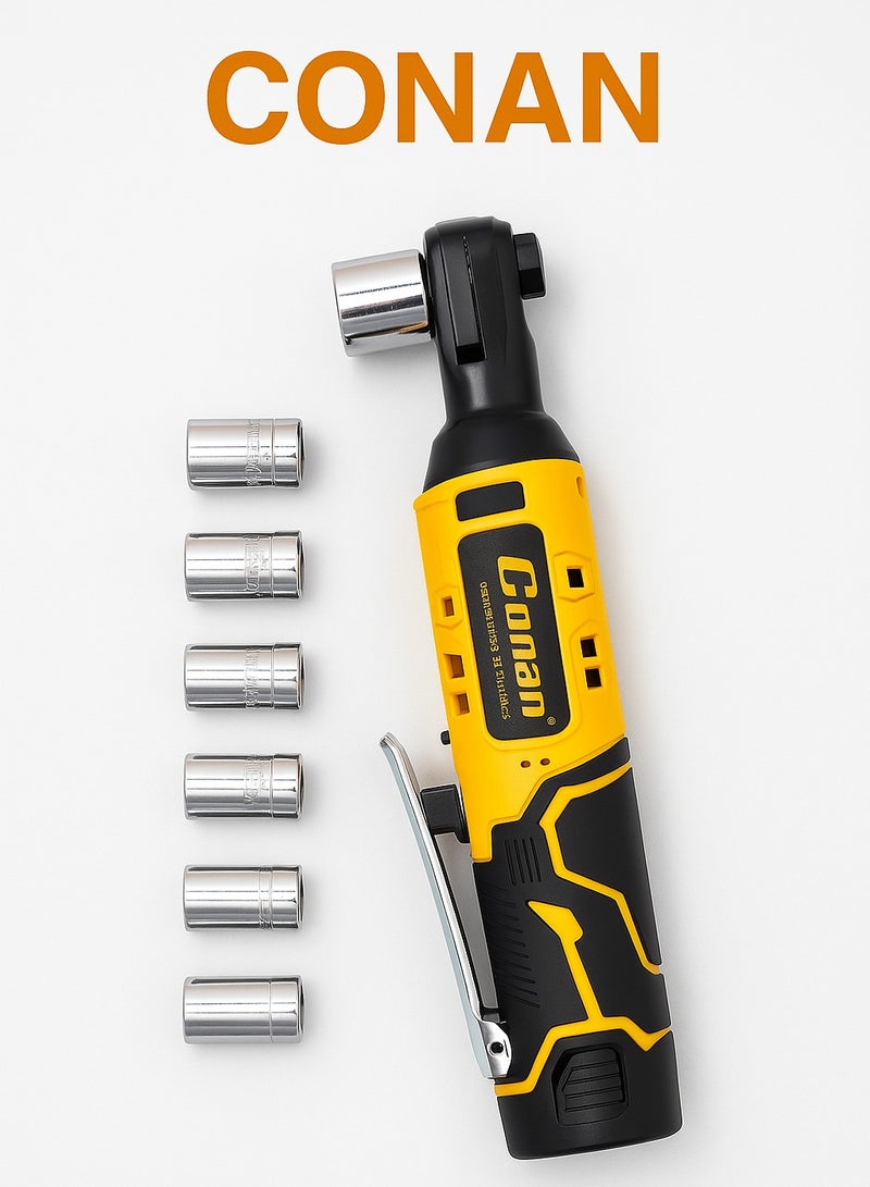 كونان مفتاح راتش كهربائي لاسلكي 16V من Conan، درايف 3/8 بوصة، عزم 50 نيوتن.متر، 0–200 دورة/دقيقة، LED وعكس/قفل — مع بطاريتين 16V + مجموعة 6 رؤوس مترية + شاحن وحقيبة - Image 1