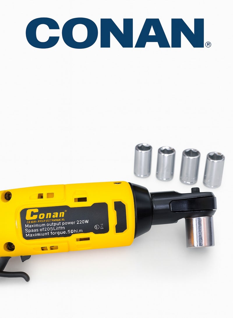 كونان مفتاح راتش كهربائي لاسلكي 16V من Conan، درايف 3/8 بوصة، عزم 50 نيوتن.متر، 0–200 دورة/دقيقة، LED وعكس/قفل — مع بطاريتين 16V + مجموعة 6 رؤوس مترية + شاحن وحقيبة - Image 3