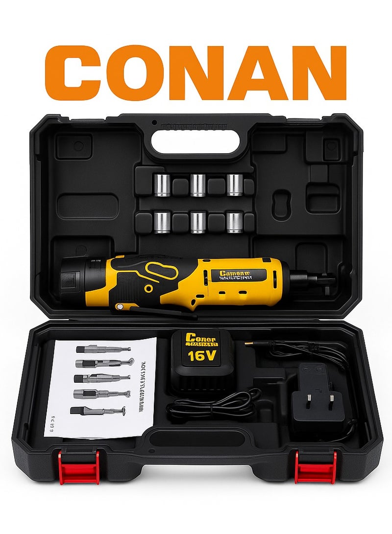 كونان مفتاح راتش كهربائي لاسلكي 16V من Conan، درايف 3/8 بوصة، عزم 50 نيوتن.متر، 0–200 دورة/دقيقة، LED وعكس/قفل — مع بطاريتين 16V + مجموعة 6 رؤوس مترية + شاحن وحقيبة - Image 2