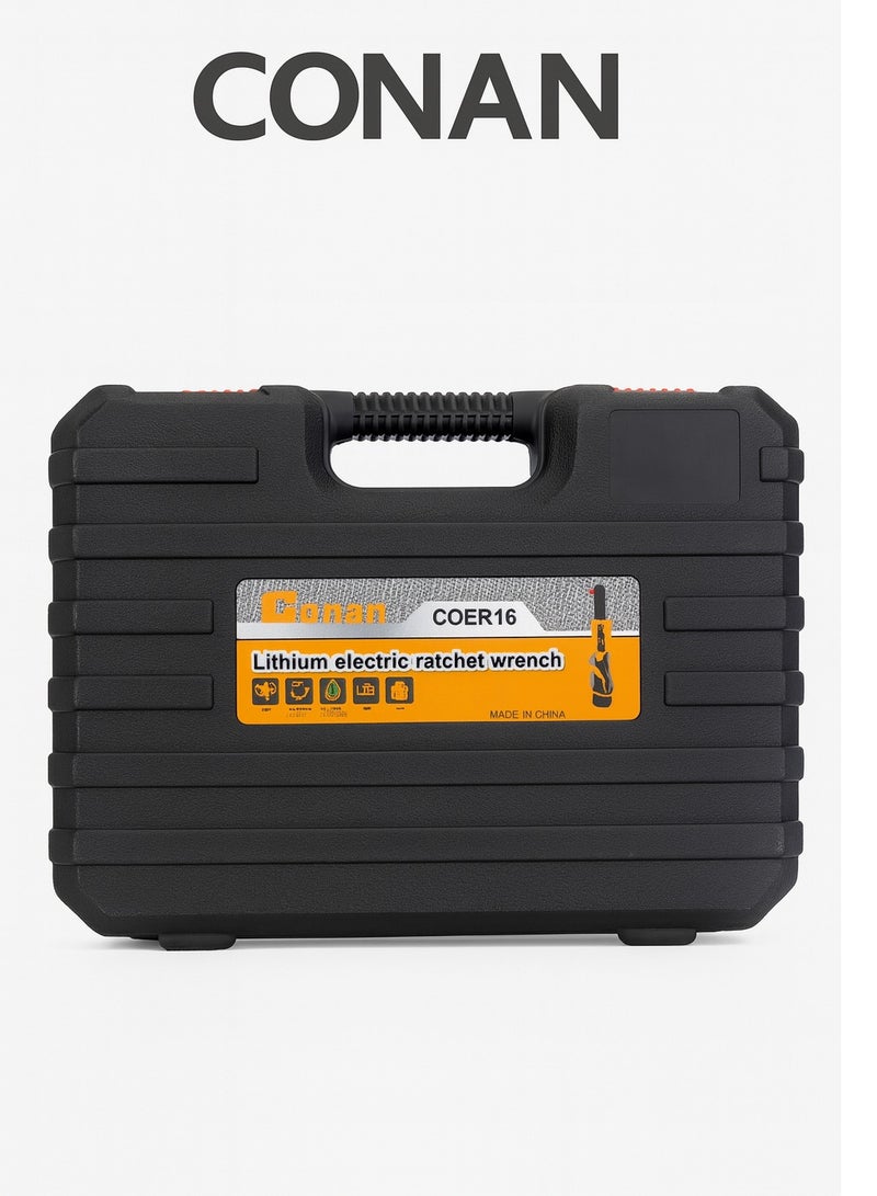كونان مفتاح راتش كهربائي لاسلكي 16V من Conan، درايف 3/8 بوصة، عزم 50 نيوتن.متر، 0–200 دورة/دقيقة، LED وعكس/قفل — مع بطاريتين 16V + مجموعة 6 رؤوس مترية + شاحن وحقيبة - Image 4