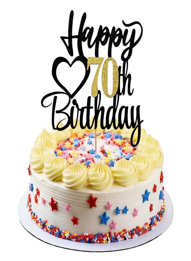 Matwsec 1 Pcs 70th Birthday Cake Topper, Glitter Happy 70 Happy Birthday Sign for Cake, 70th Birthday Decorations for Men Women 70th Anniversary Party Decorations Supplies Black Gold - Image 1