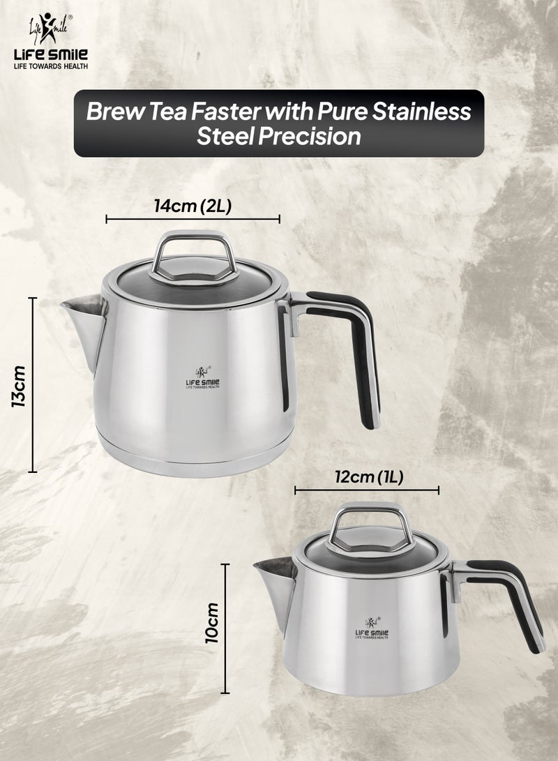 Life Smile طقم غلاية الشاي من لايف سمايل من الفولاذ المقاوم للصدأ – قاعدة تحريض، مقبض بارد، غطاء زجاجي، مقاوم للصدأ، تسخين سريع – 1 لتر + 2 لتر إبريق شاي مزدوج لتحضير الشاي والقهوة - Image 3