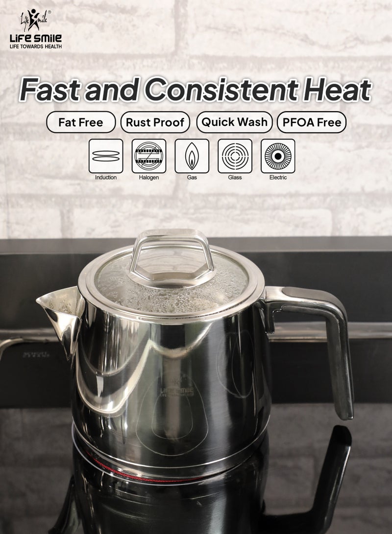 Life Smile طقم غلاية الشاي من لايف سمايل من الفولاذ المقاوم للصدأ – قاعدة تحريض، مقبض بارد، غطاء زجاجي، مقاوم للصدأ، تسخين سريع – 1 لتر + 2 لتر إبريق شاي مزدوج لتحضير الشاي والقهوة - Image 5