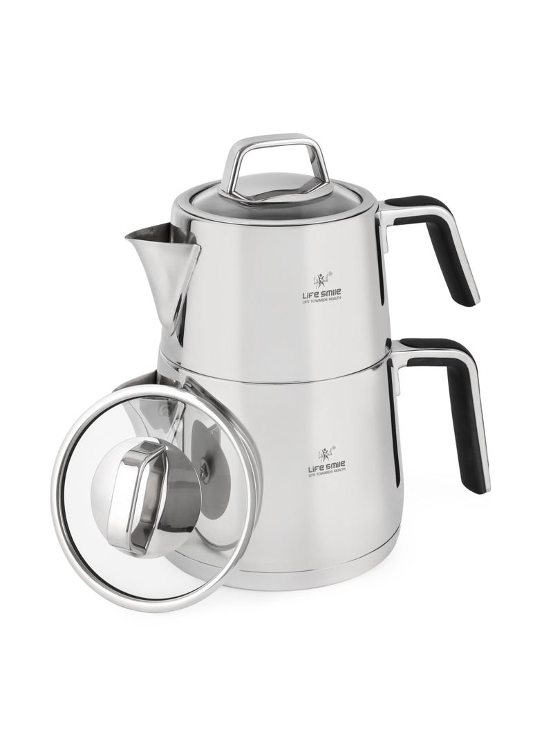Life Smile طقم غلاية الشاي من لايف سمايل من الفولاذ المقاوم للصدأ – قاعدة تحريض، مقبض بارد، غطاء زجاجي، مقاوم للصدأ، تسخين سريع – 1 لتر + 2 لتر إبريق شاي مزدوج لتحضير الشاي والقهوة - Image 1