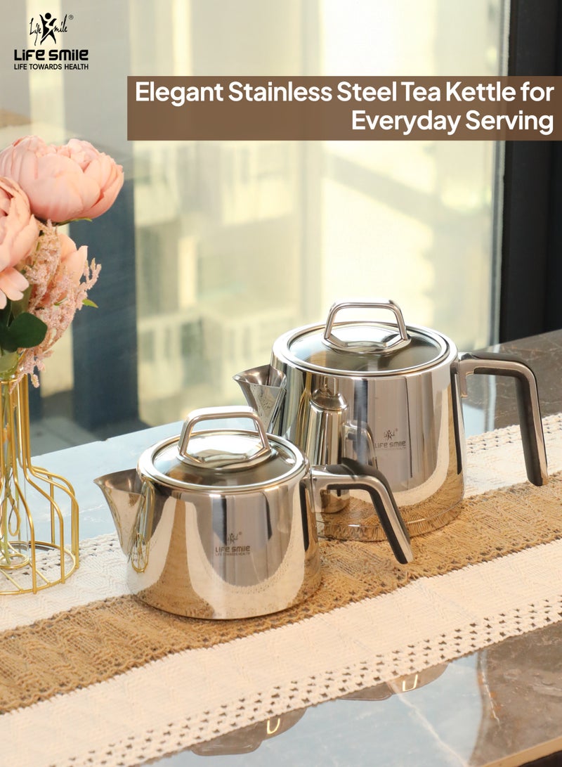 Life Smile طقم غلاية الشاي من لايف سمايل من الفولاذ المقاوم للصدأ – قاعدة تحريض، مقبض بارد، غطاء زجاجي، مقاوم للصدأ، تسخين سريع – 1 لتر + 2 لتر إبريق شاي مزدوج لتحضير الشاي والقهوة - Image 4