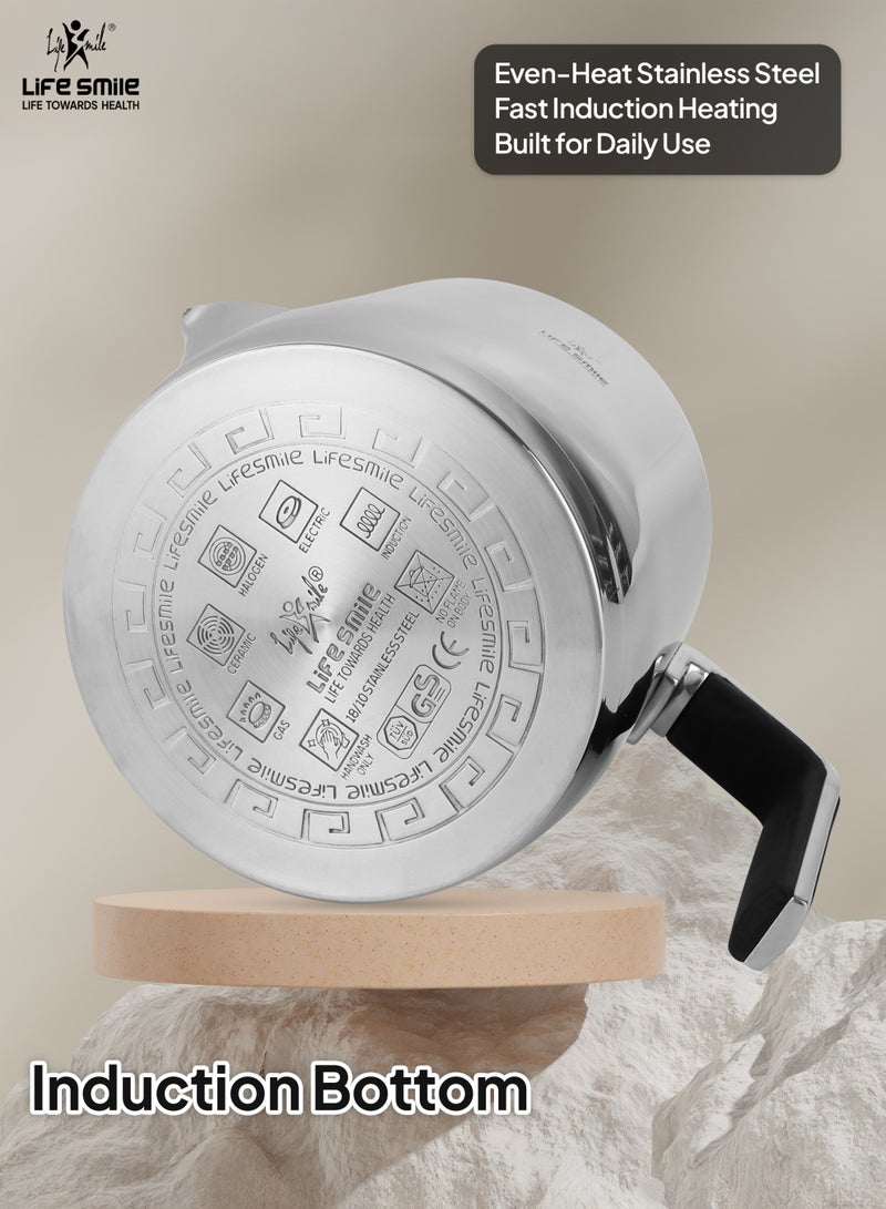Life Smile طقم غلاية الشاي من لايف سمايل من الفولاذ المقاوم للصدأ – قاعدة تحريض، مقبض بارد، غطاء زجاجي، مقاوم للصدأ، تسخين سريع – 1 لتر + 2 لتر إبريق شاي مزدوج لتحضير الشاي والقهوة - Image 2