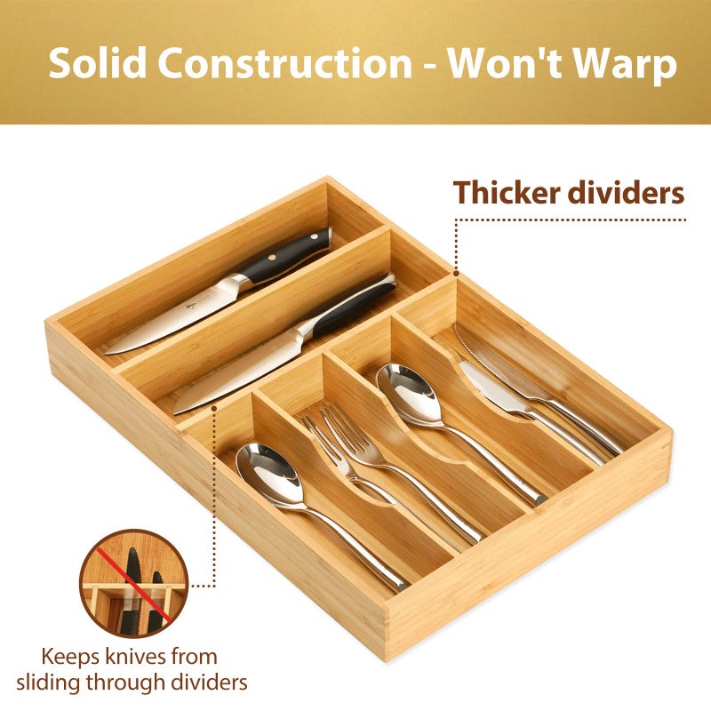 Umilife Kitchen Drawer Organizer, 12 Inch Silverware Utensil Tray Holder, Extra Deep, with Non-Slip Feet & Grooved Drawer Divider, 6 Slots Total Bamboo Wood Caddy for Flatware Cutlery Knives - Image 3