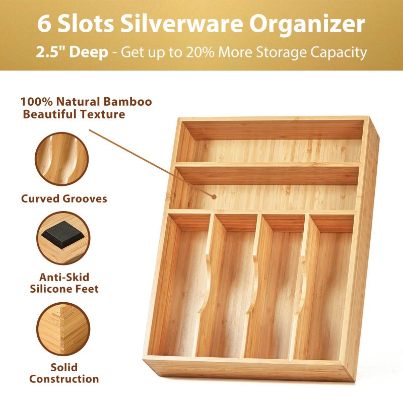 Umilife Kitchen Drawer Organizer, 12 Inch Silverware Utensil Tray Holder, Extra Deep, with Non-Slip Feet & Grooved Drawer Divider, 6 Slots Total Bamboo Wood Caddy for Flatware Cutlery Knives - Image 2