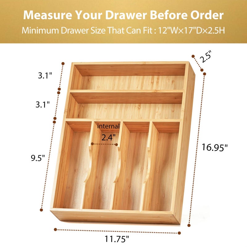 Umilife Kitchen Drawer Organizer, 12 Inch Silverware Utensil Tray Holder, Extra Deep, with Non-Slip Feet & Grooved Drawer Divider, 6 Slots Total Bamboo Wood Caddy for Flatware Cutlery Knives - Image 5