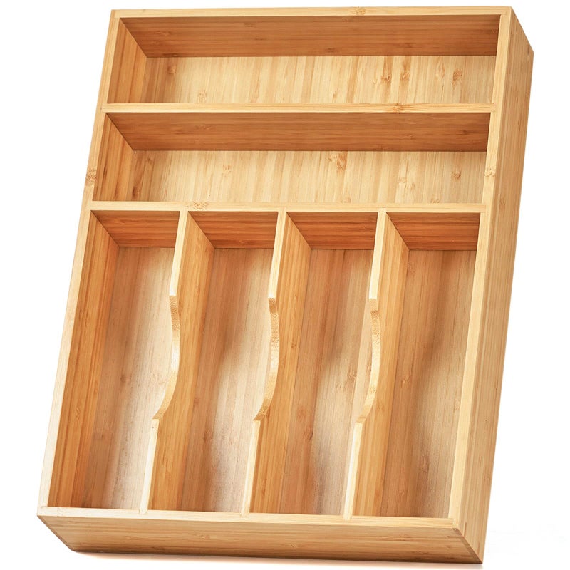 Umilife Kitchen Drawer Organizer, 12 Inch Silverware Utensil Tray Holder, Extra Deep, with Non-Slip Feet & Grooved Drawer Divider, 6 Slots Total Bamboo Wood Caddy for Flatware Cutlery Knives - Image 1