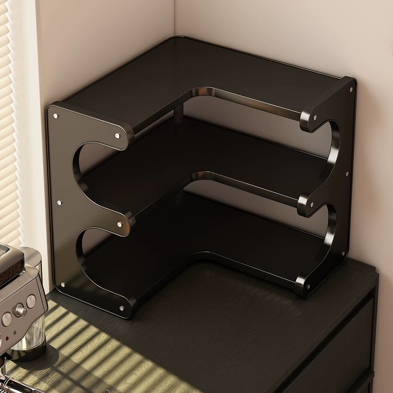 Corner Black Storage Shelf, Available in Two or Three Tiers, a Kitchen Coffee Corner Storage Organizer for Cups, Spice Jars, and More. Also Suitable as a Bathroom Cosmetics or Desktop Organizer. Ideal for Sideboards, Desks, or Vanity Countertops. - Image 4
