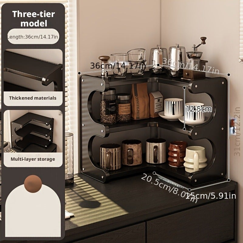 Corner Black Storage Shelf, Available in Two or Three Tiers, a Kitchen Coffee Corner Storage Organizer for Cups, Spice Jars, and More. Also Suitable as a Bathroom Cosmetics or Desktop Organizer. Ideal for Sideboards, Desks, or Vanity Countertops. - Image 1