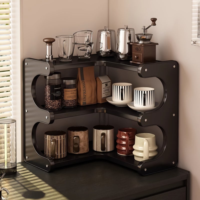 Corner Black Storage Shelf, Available in Two or Three Tiers, a Kitchen Coffee Corner Storage Organizer for Cups, Spice Jars, and More. Also Suitable as a Bathroom Cosmetics or Desktop Organizer. Ideal for Sideboards, Desks, or Vanity Countertops. - Image 2