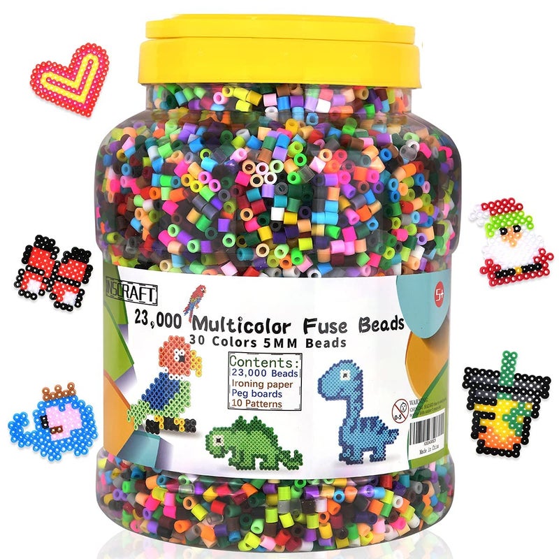 23000 pcs Fuse Beads Kit for Kids Crafts 30 Colors Iron Beads Set with 3 Pegboards 5 Ironing Paper 10 Patterns Gifts for Birthday Christmas Multicolor 5mm Melty Beads Bulk Refill Kit by Inscraft