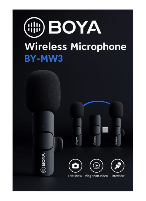 BOYA BY-MW3 Wireless Mike: A superior audio experience for content creators and professionals. Compact and stylish design with easy connectivity for iPhone and Lightning devices. It features clear and pure sound transmission thanks to its advanced technologies. Suitable for recording, live streaming, and interviews in professional quality. The perfect solution for those looking for practicality and elegance in one device