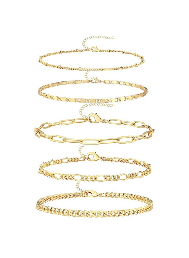 Peachjoy 5Pcs Gold Ankle Bracelets Set 14k Real Gold Waterproof Layered Figaro Chain Beach Anklet Bracelet Dainty Gold Jewelry for Women or Teen Girls Gift - Image 1
