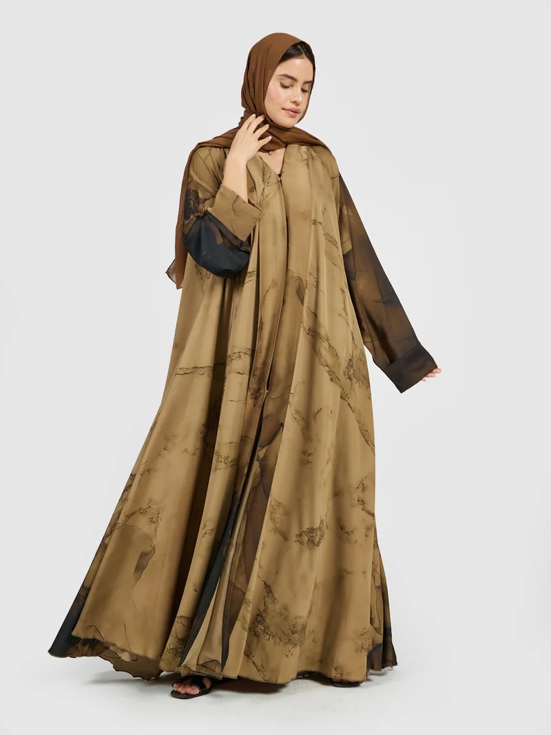 Earthy Bronze Marble Print Chiffon Overlay Abaya for Women