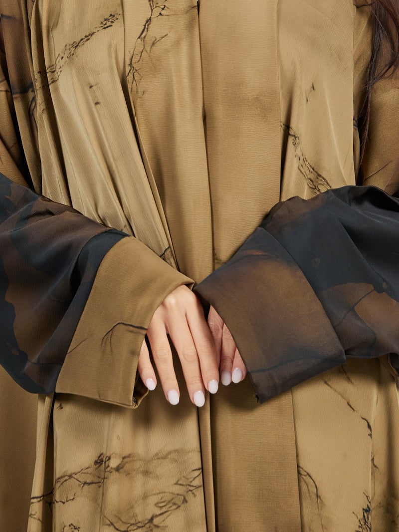 Reem Abayas Earthy Bronze Marble Print Chiffon Overlay Abaya for Women - Image 3