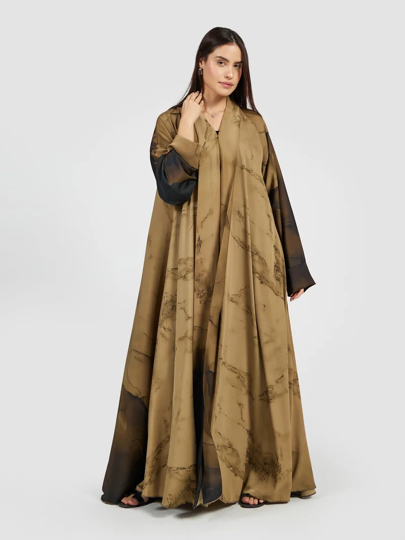 Reem Abayas Earthy Bronze Marble Print Chiffon Overlay Abaya for Women