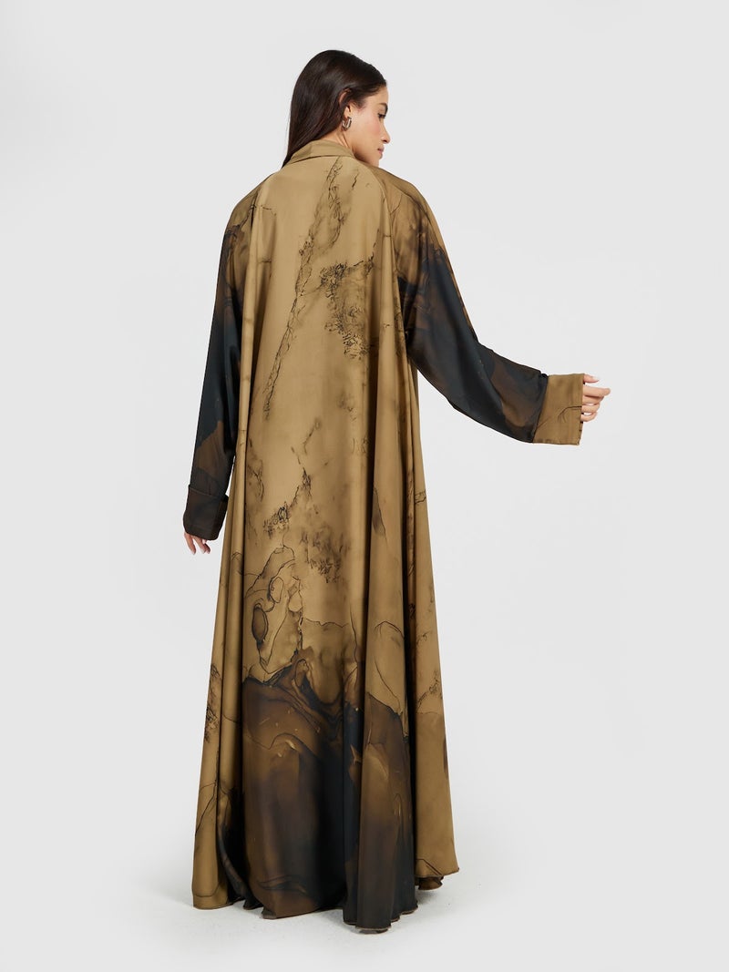 Reem Abayas Earthy Bronze Marble Print Chiffon Overlay Abaya for Women - Image 4