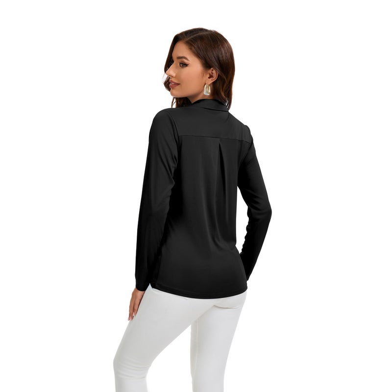 FUXERT Women's V-Neck Polo Shirts Long Sleeve Quick Dry UPF 50+ Sun Protection Business Casual Collared Tops Trendy Loose(BK M) Black - Image 4