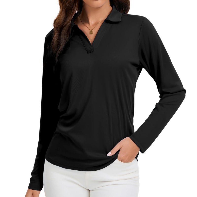 FUXERT Women's V-Neck Polo Shirts Long Sleeve Quick Dry UPF 50+ Sun Protection Business Casual Collared Tops Trendy Loose(BK M) Black - Image 1