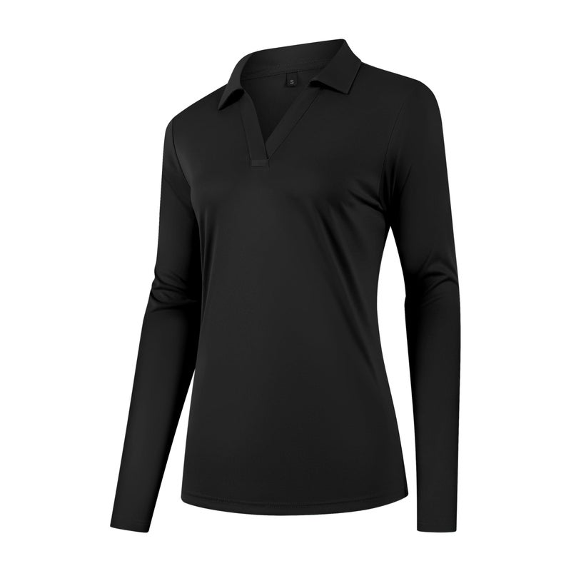 FUXERT Women's V-Neck Polo Shirts Long Sleeve Quick Dry UPF 50+ Sun Protection Business Casual Collared Tops Trendy Loose(BK M) Black - Image 3