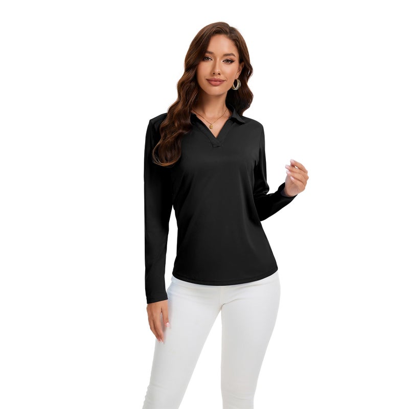 FUXERT Women's V-Neck Polo Shirts Long Sleeve Quick Dry UPF 50+ Sun Protection Business Casual Collared Tops Trendy Loose(BK M) Black - Image 2