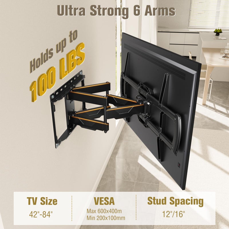 Mounting Dream TV Wall Mount, UL Listed Full Motion Mount Bracket for 42-84 Inch Flat Screen TVs, Swivel Articulating Dual Arms, Max VESA 600x400mm, 100 LBS Loading, Fits 16 Inches Wood Studs, MD2296 - Image 2
