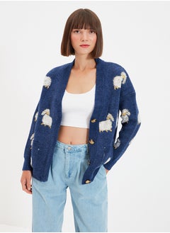 trendyol Blue Soft Textured Animal Pattern Knitwear Cardigan TWOAW21HI0476  - Image 2