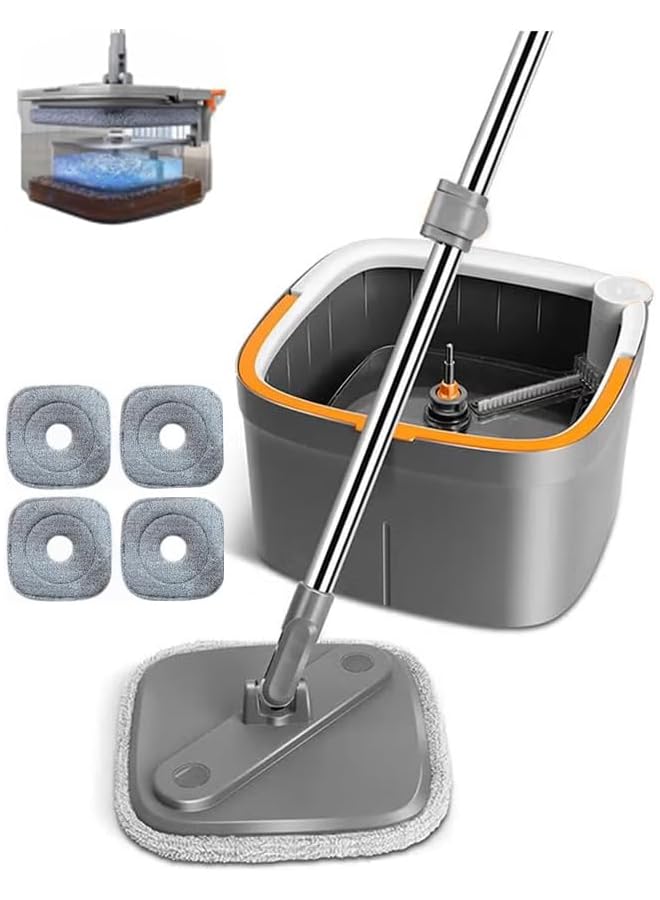 promass Spin Mop with 360° Self Separation System | 4 Microfiber Rugs | Mop Bucket with Wringer Set for Floor Cleaning, Efficient Wet and Dry Cleaning - Grey - Image 1
