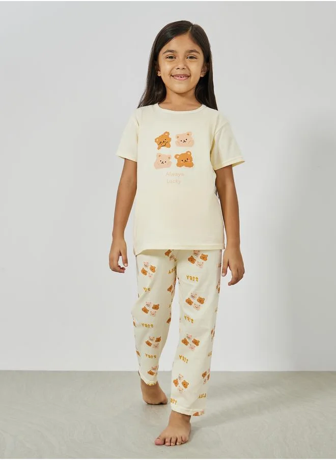 Styli Styli Bear Graphic Print T-Shirt and Pyjama Set