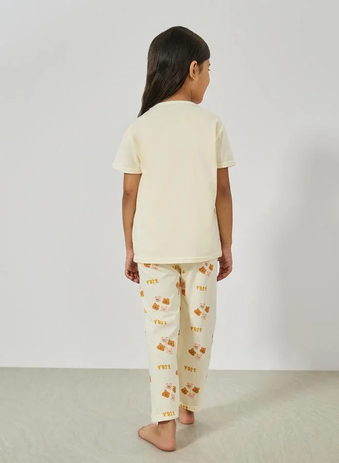 ستايلي Styli Bear Graphic Print T-Shirt and Pyjama Set
