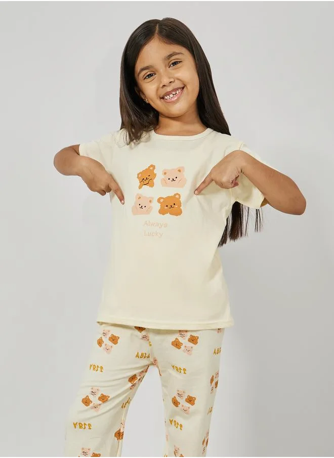 Styli Styli Bear Graphic Print T-Shirt and Pyjama Set