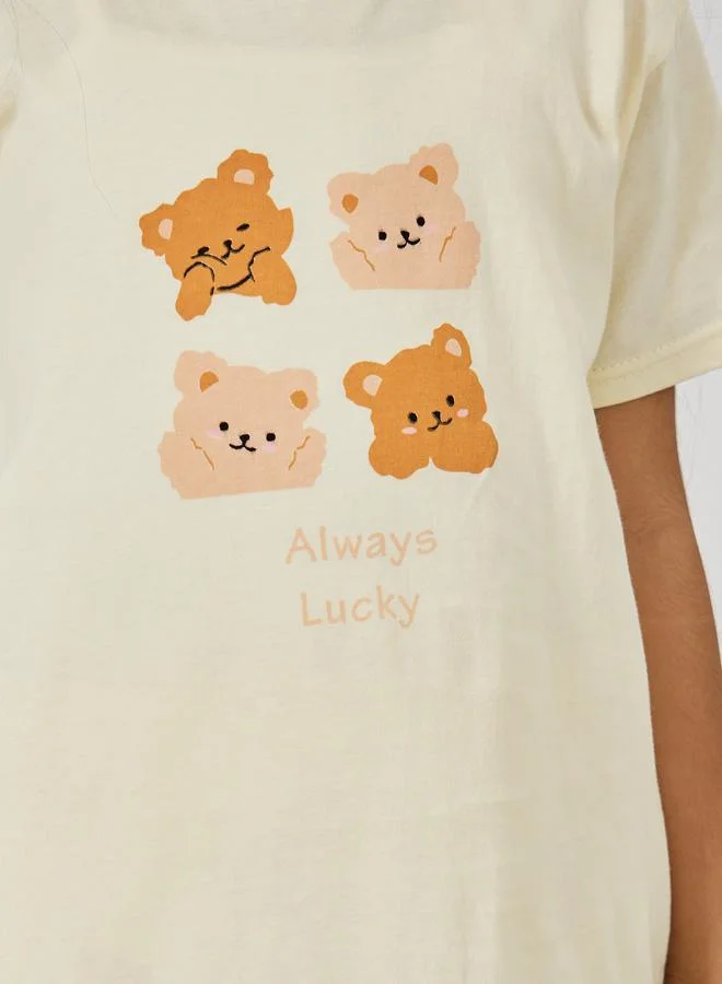 ستايلي Styli Bear Graphic Print T-Shirt and Pyjama Set