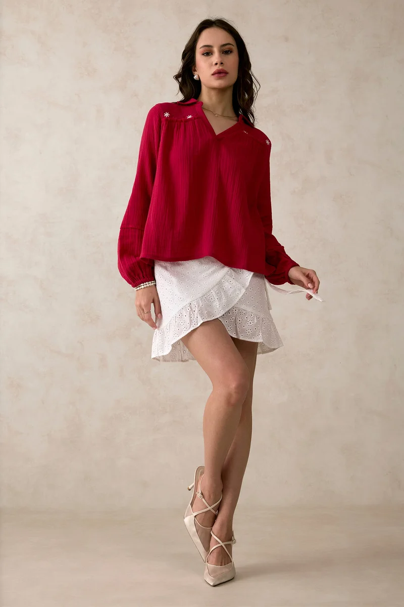Virgio Cotton Highlow Brunchwear Tops With Puff Sleeves for Women