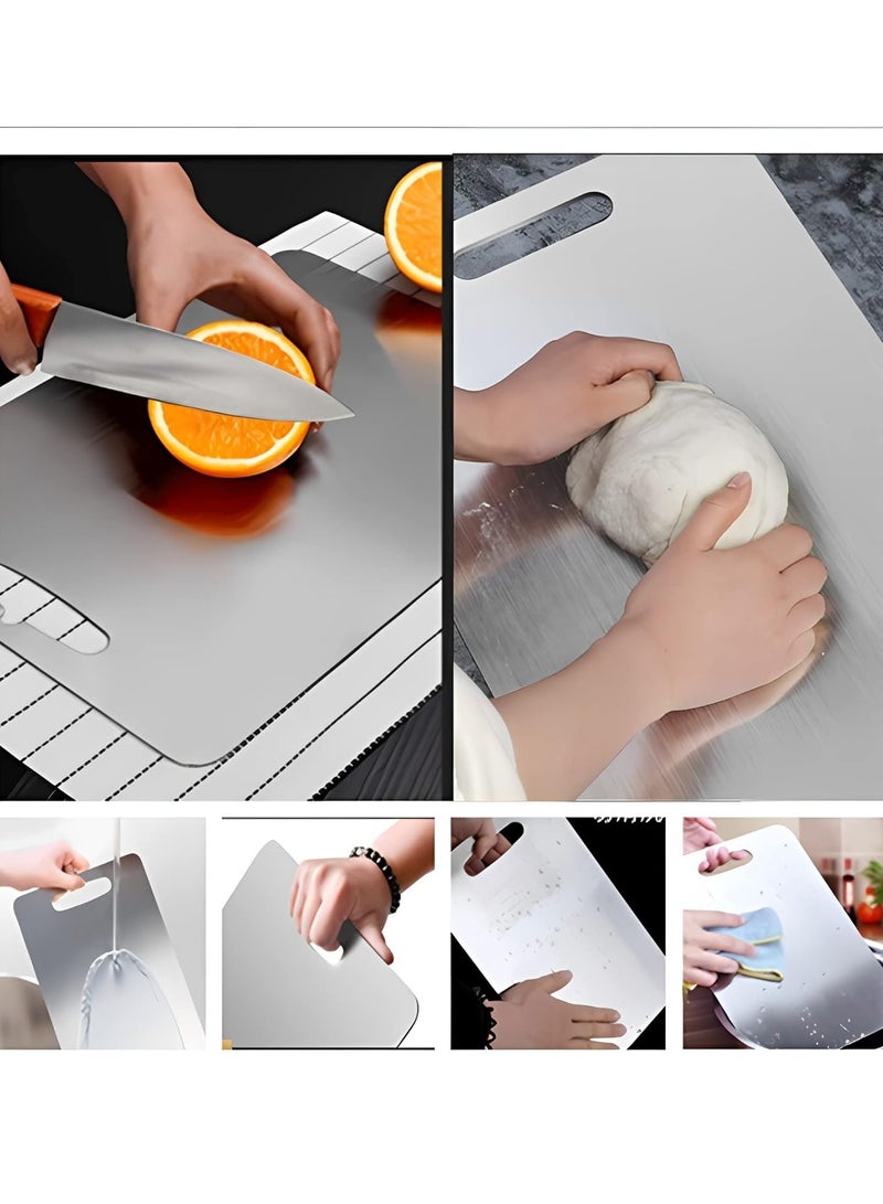 بيوينتي 304 لوح تقطيع من الفولاذ المقاوم للصدأ للمطبخ واللحوم والفواكه والمعجنات والبيتزا والجبن والخضروات ولوح تقطيع معدني للمطبخ ولوح تقطيع اللحوم مزدوج الجانب مضاد للانزلاق ولوح عجين （39 * 28 * 0.2） - Image 3