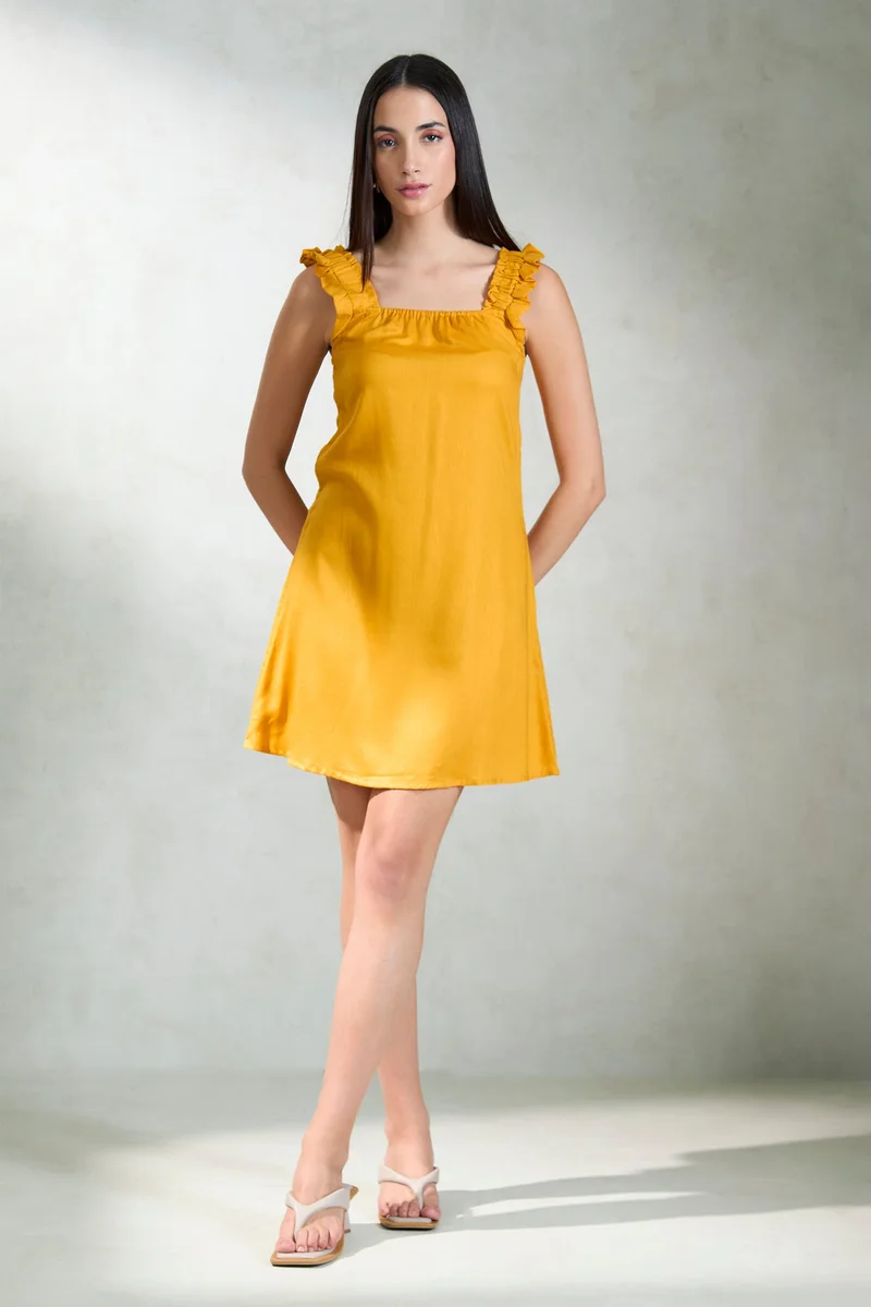 Virgio Solid Lyocell Yellow Mini Dress With Frills for Women