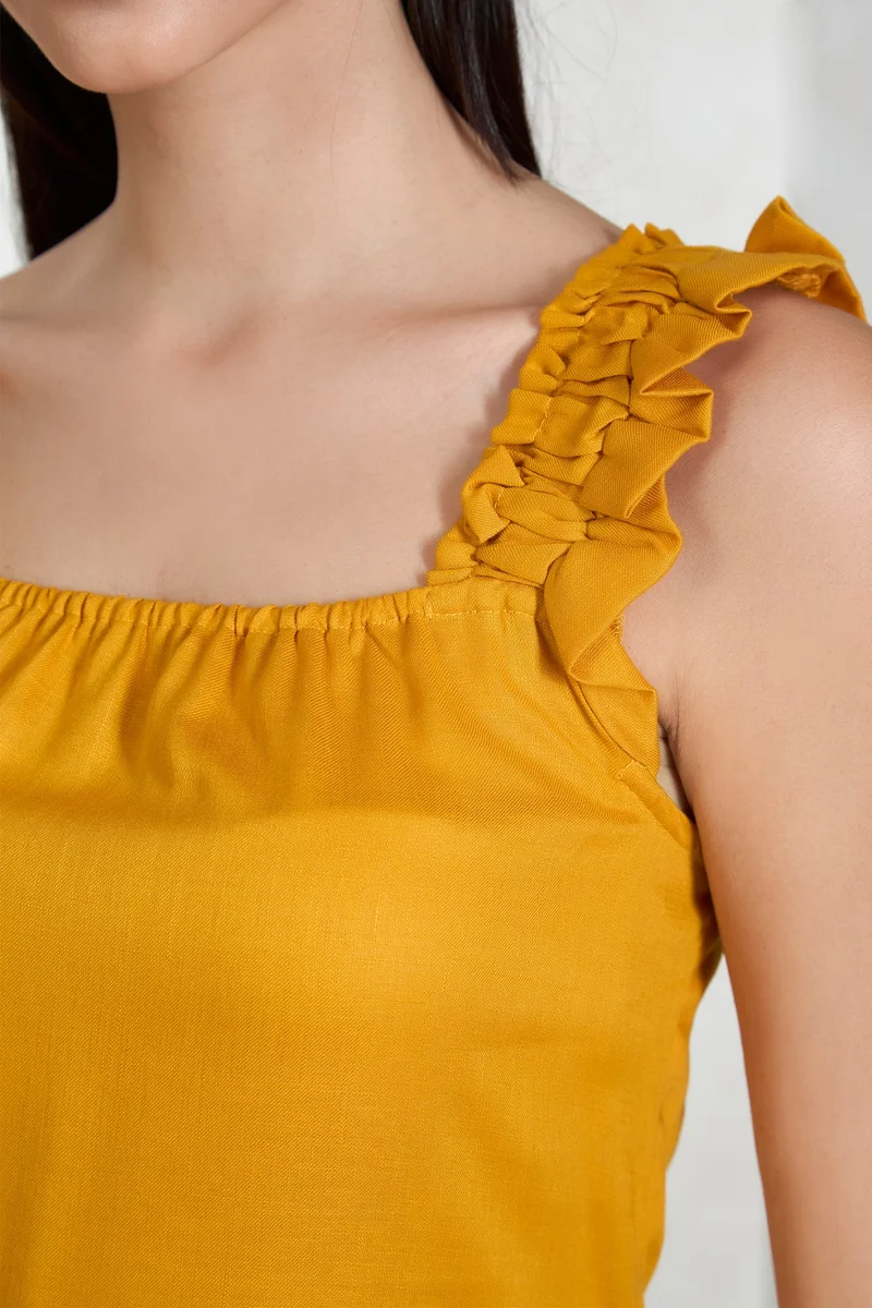 Virgio  Solid Lyocell Yellow Mini Dress With Frills for Women for Women | Best Price UAE