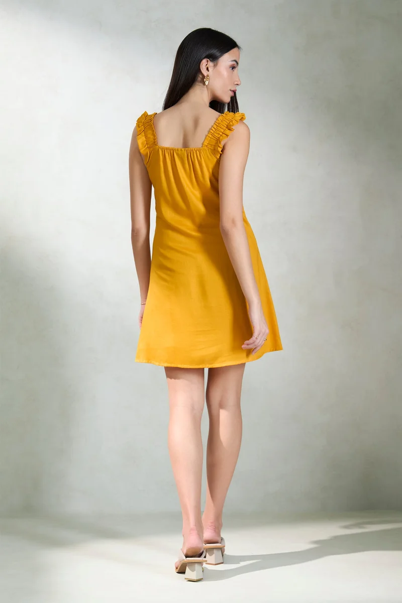 Virgio  Solid Lyocell Yellow Mini Dress With Frills for Women for Women | Best Price UAE